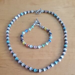STERLING SILVER Multicolor Cats Eye Glass Bead Toggle BRACELET & NECKLACE 52.5 g